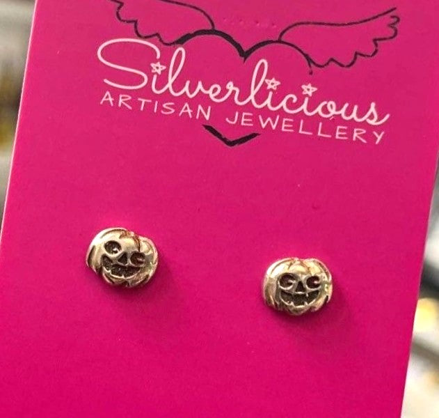 Handmade Silver Pumpkin Stud Earrings | Sterling Silver Halloween Jewellery