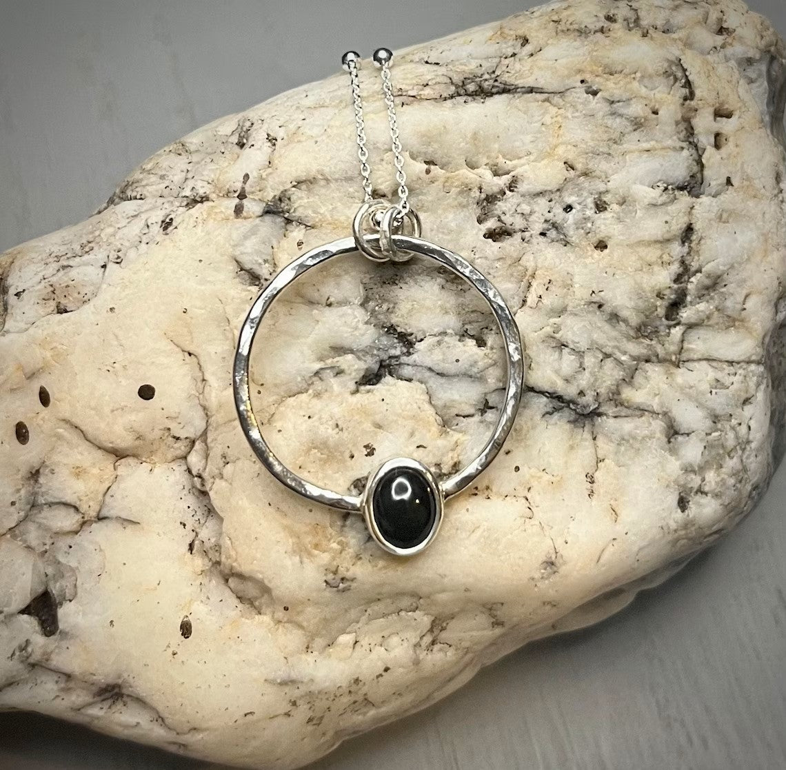 Limited Edition Handmade Whitby Jet Silver Sacred Circle Necklace - Sterling Silver Contemporary Statement Jewellery
