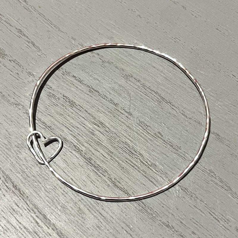Handmade Silver Heart Charm Bangle | Sterling Silver Contemporary Jewellery