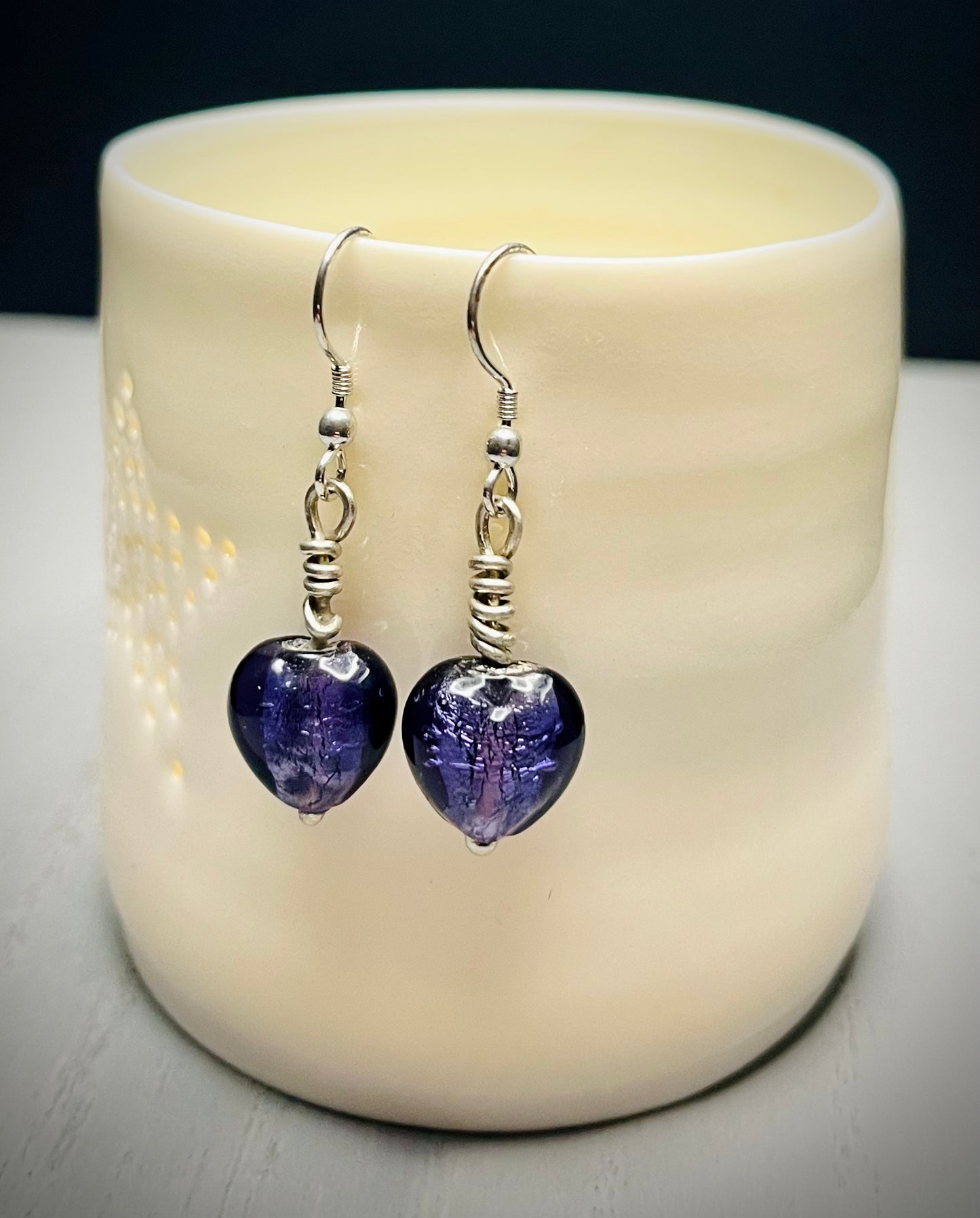 Handmade Silver & Purple Glass Heart Earrings - Sterling Silver Boho Jewellery