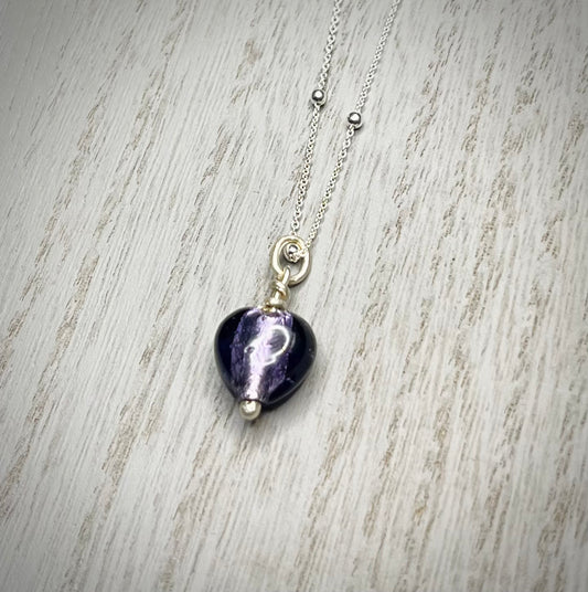 Handmade Silver & Purple Glass Heart Necklace - Sterling Silver Boho Jewellery