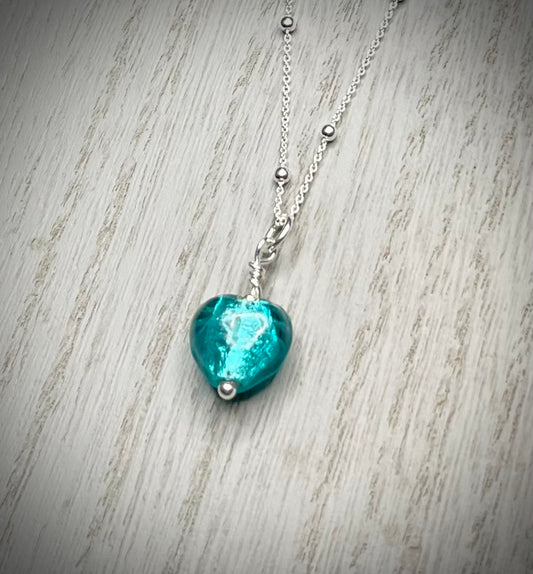 Handmade Silver & Turquoise Glass Heart Necklace - Sterling Silver Boho Jewellery