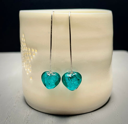 Handmade Silver & Turquoise Glass Heart Threader Earrings - Sterling Silver Boho Jewellery