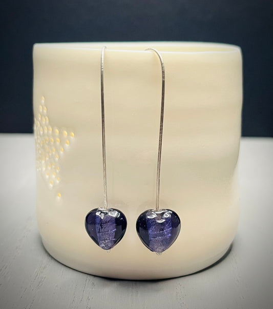 Handmade Silver & Purple Glass Heart Threader Earrings - Sterling Silver Boho Jewellery