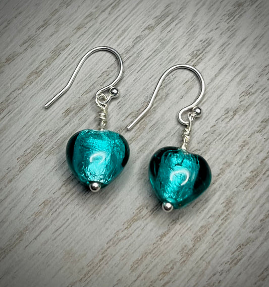 Handmade Silver & Turquoise Glass Heart Earrings - Sterling Silver Boho Jewellery