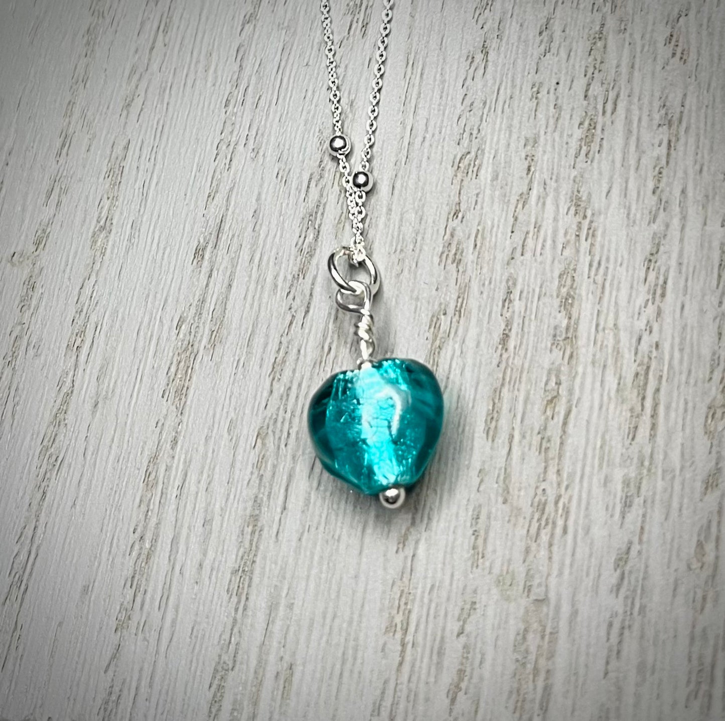 Handmade Silver & Turquoise Glass Heart Necklace - Sterling Silver Boho Jewellery