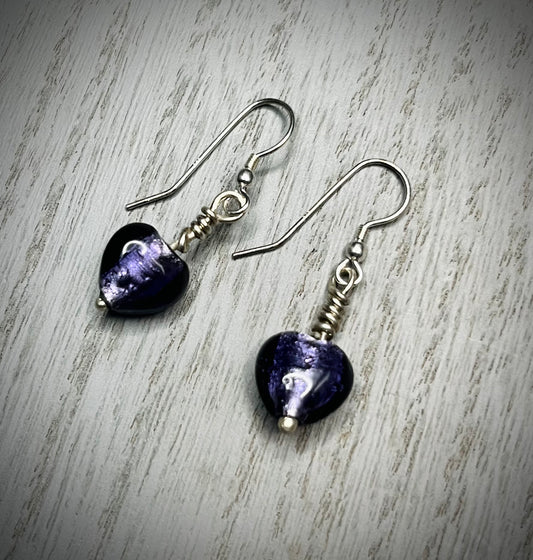 Handmade Silver & Purple Glass Heart Earrings - Sterling Silver Boho Jewellery