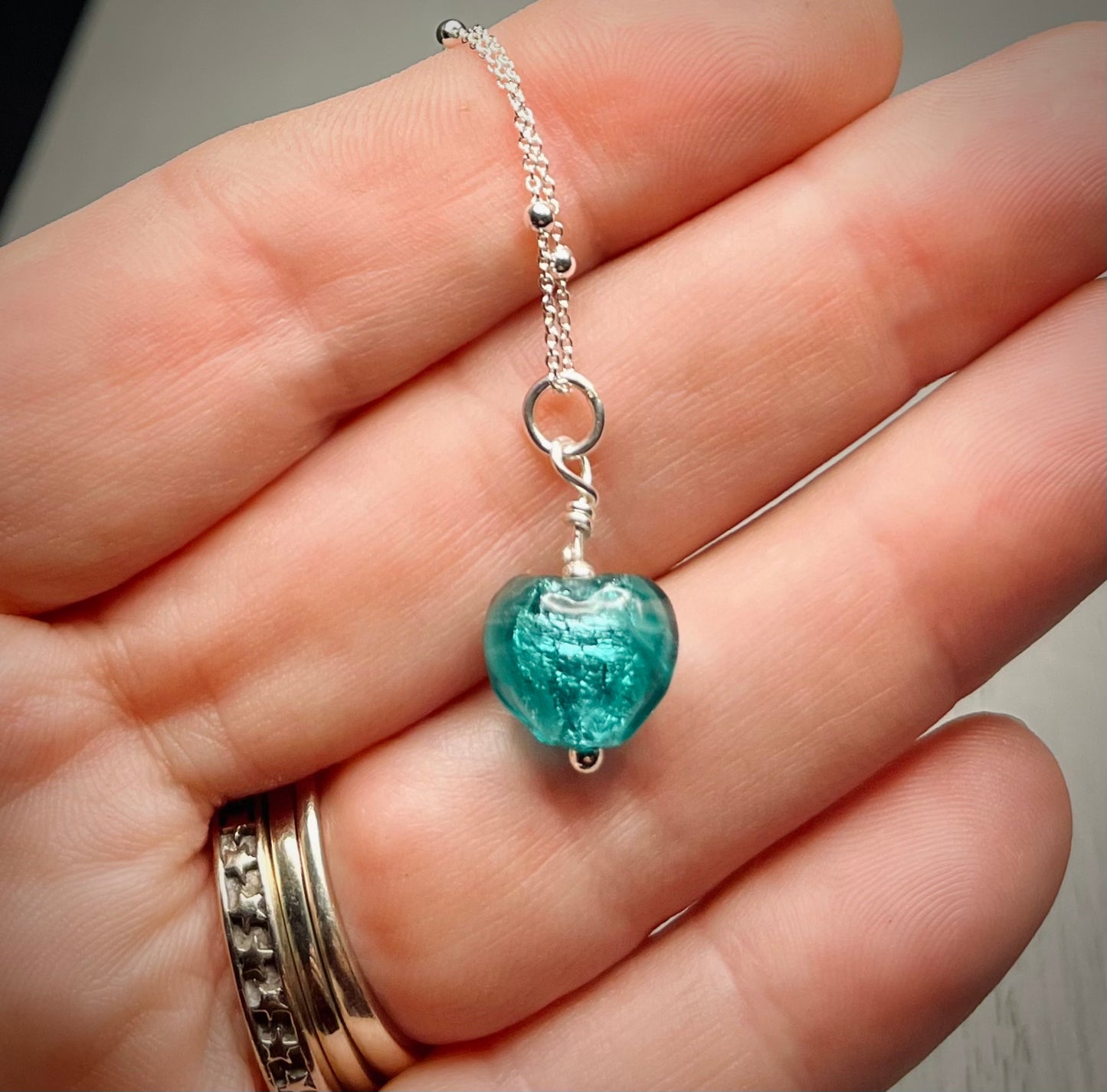 Handmade Silver & Turquoise Glass Heart Necklace - Sterling Silver Boho Jewellery