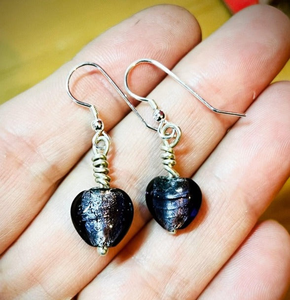 Purple Glass Hearts wrapped in silver on silver earring hooks | Silverlicious Artisan Jewellery