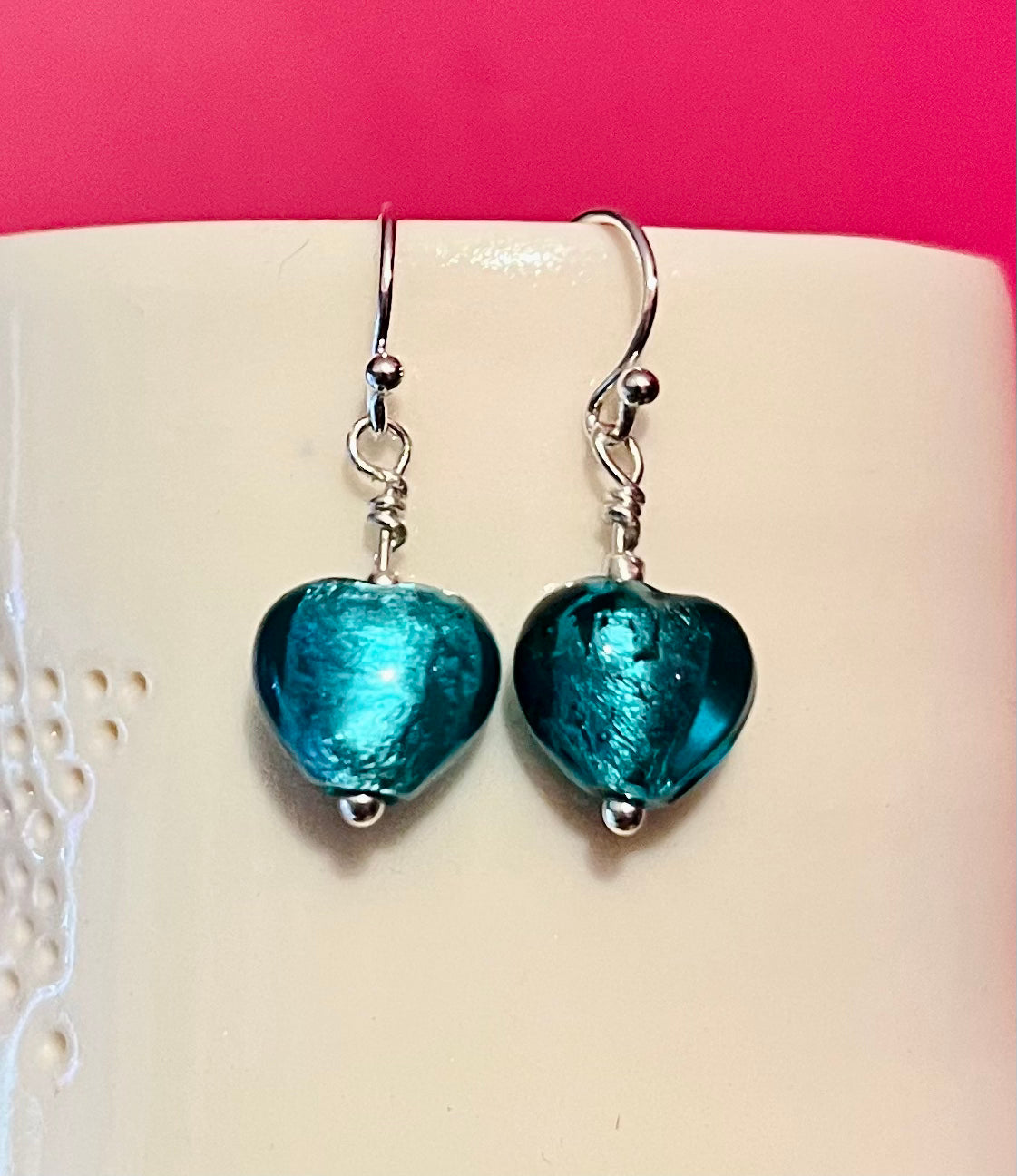 Handmade Silver & Turquoise Glass Heart Earrings - Sterling Silver Boho Jewellery