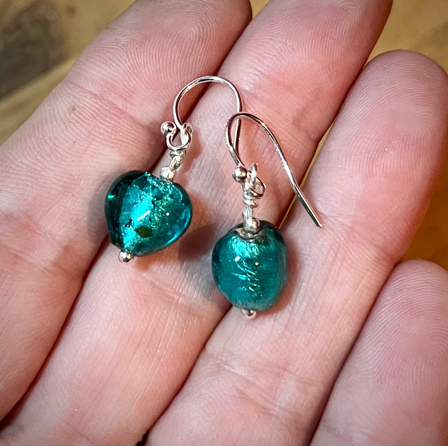 Handmade Silver & Turquoise Glass Heart Earrings - Sterling Silver Boho Jewellery