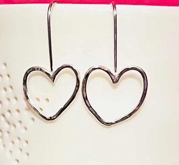 Handmade Silver Heart Drop Earrings - Sterling Silver Contemporary Jewellery