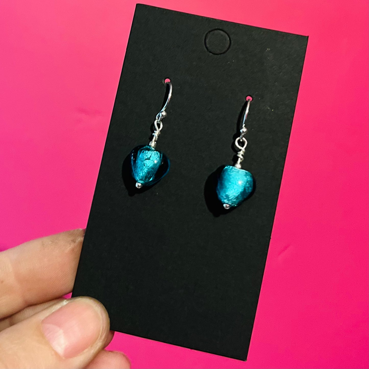 Handmade Silver & Turquoise Glass Heart Earrings - Sterling Silver Boho Jewellery