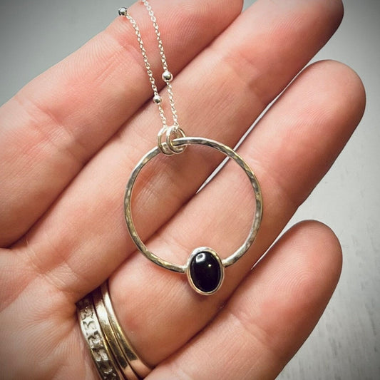 Limited Edition Handmade Whitby Jet Silver Sacred Circle Necklace - Sterling Silver Contemporary Statement Jewellery