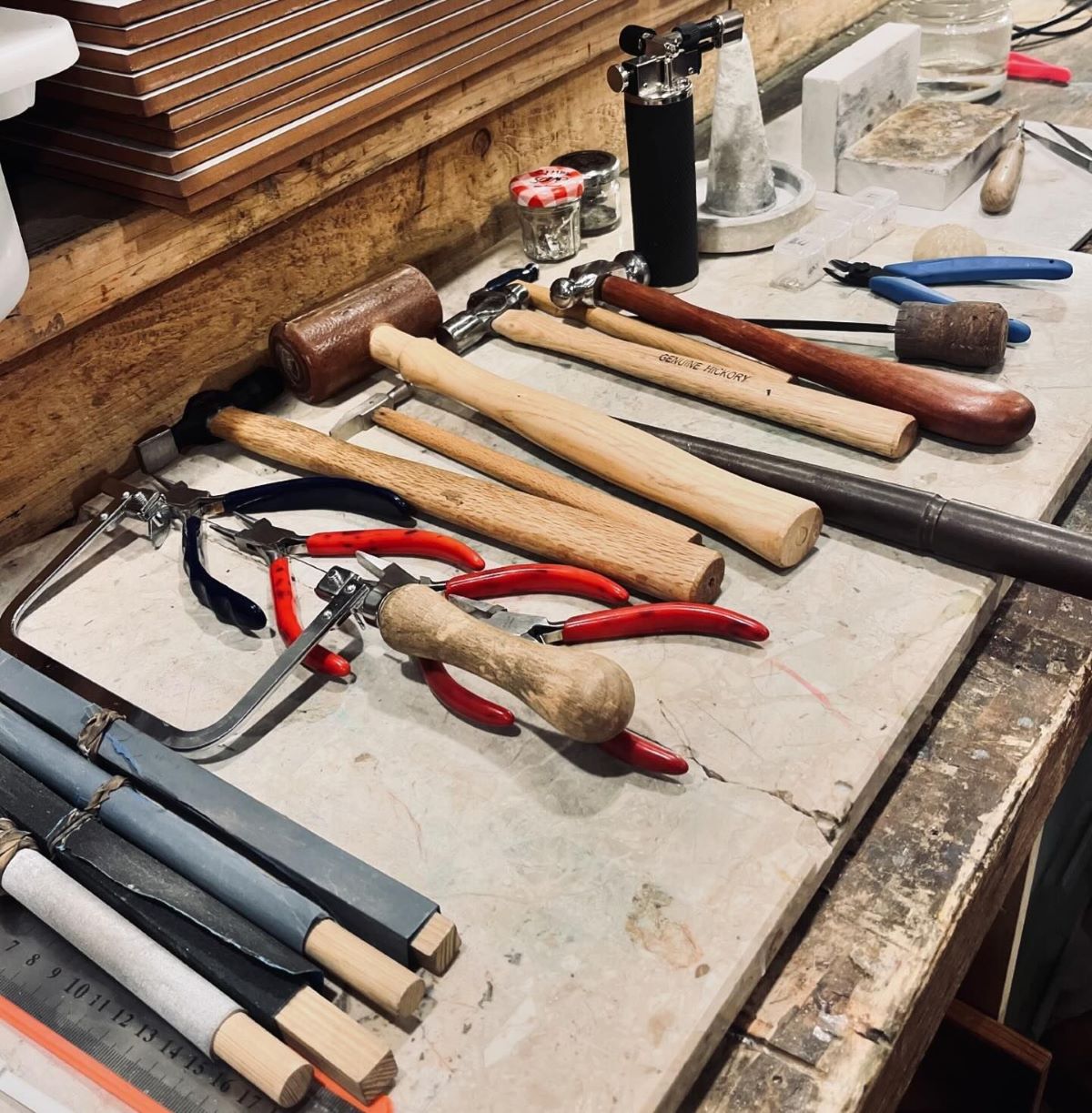 Jewellers' tools on a workbench